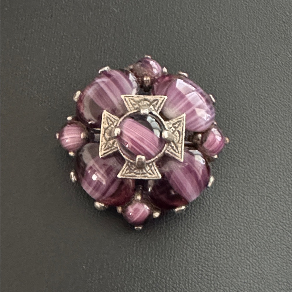 Celtic Scottish Brooch w Purple Glass Simulated Agate Stones